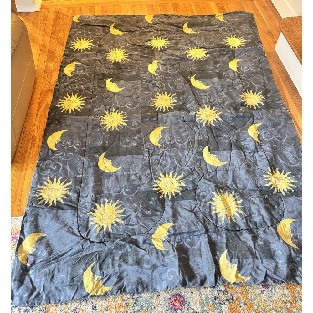 Vintage Celestial Twin Comforter Moon Sun 59x85 Anthropomorphic Gold Navy 90s
